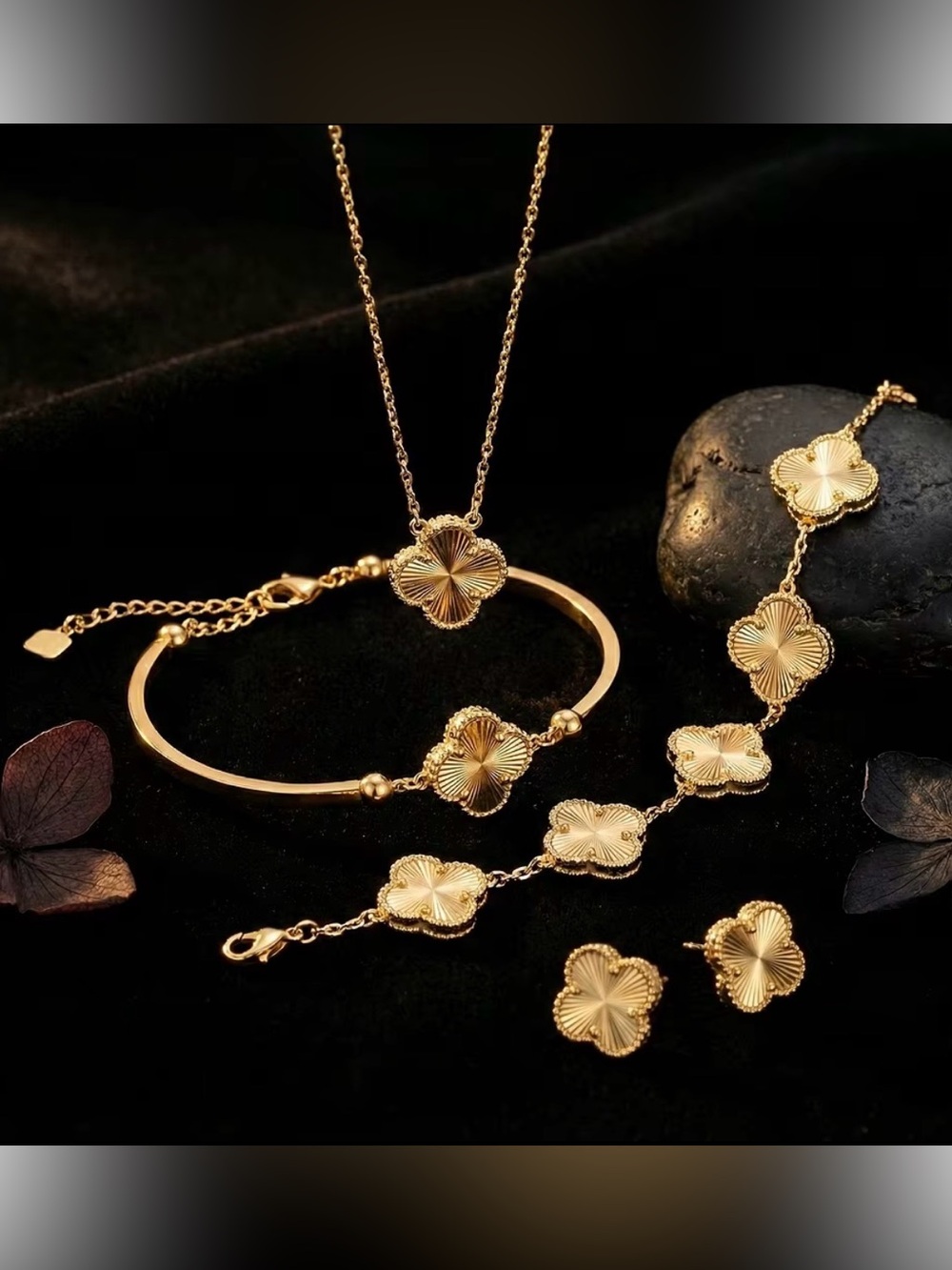 Gold Floral Clover Jewelry Set - Women's Necklace, Bracelet & Earrings